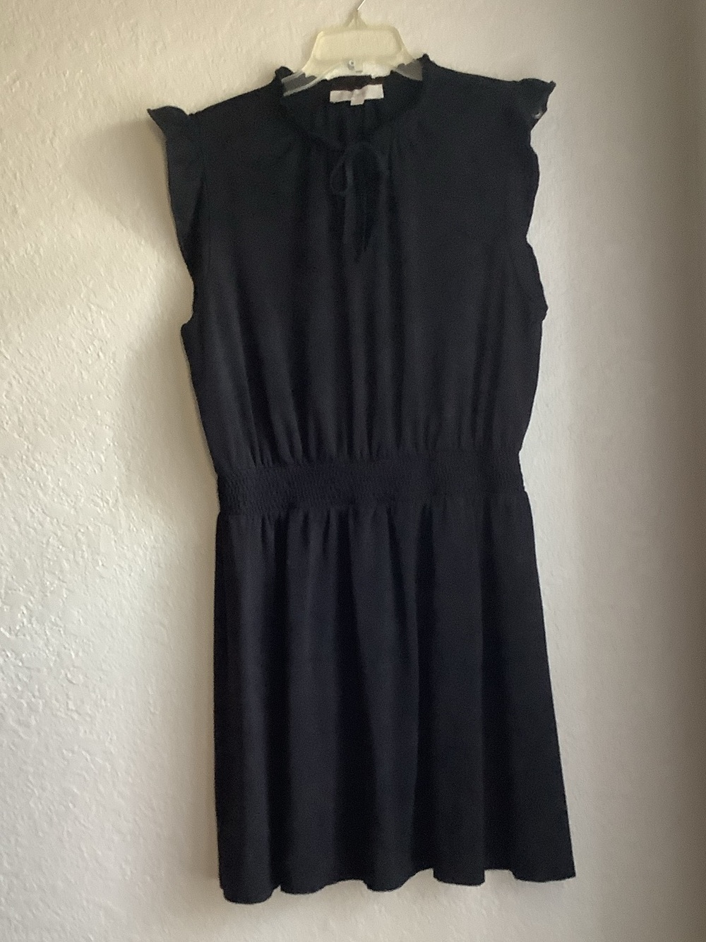 LOFT Black Cap-Sleeve Tie-Neck Smocked-Waist Dress